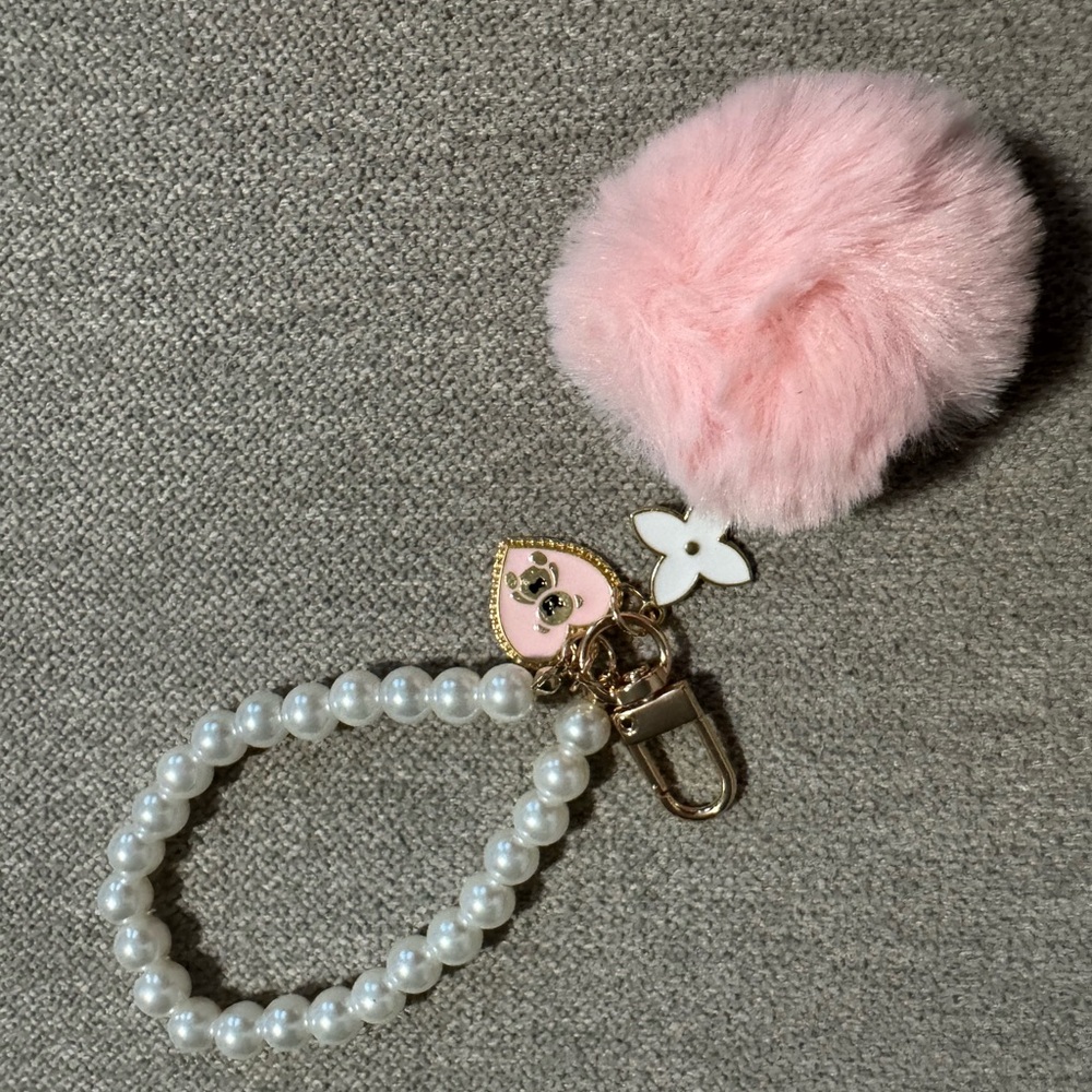 Pearl Beaded Wristlet Keychain with Pink Pom Pom